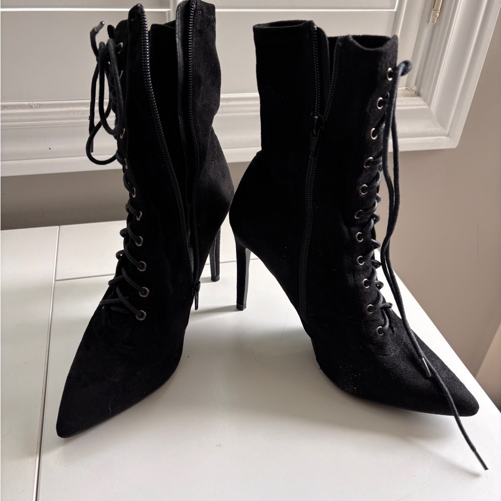 Steve Madden Black Lace-Up Pointed Stiletto Ankle Boots